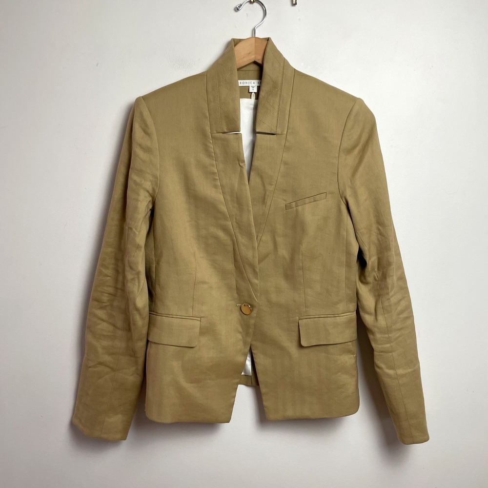 Veronica Beard Upcollar Dickey Jacket Sz 12 Tan Linen Blend Professional Office